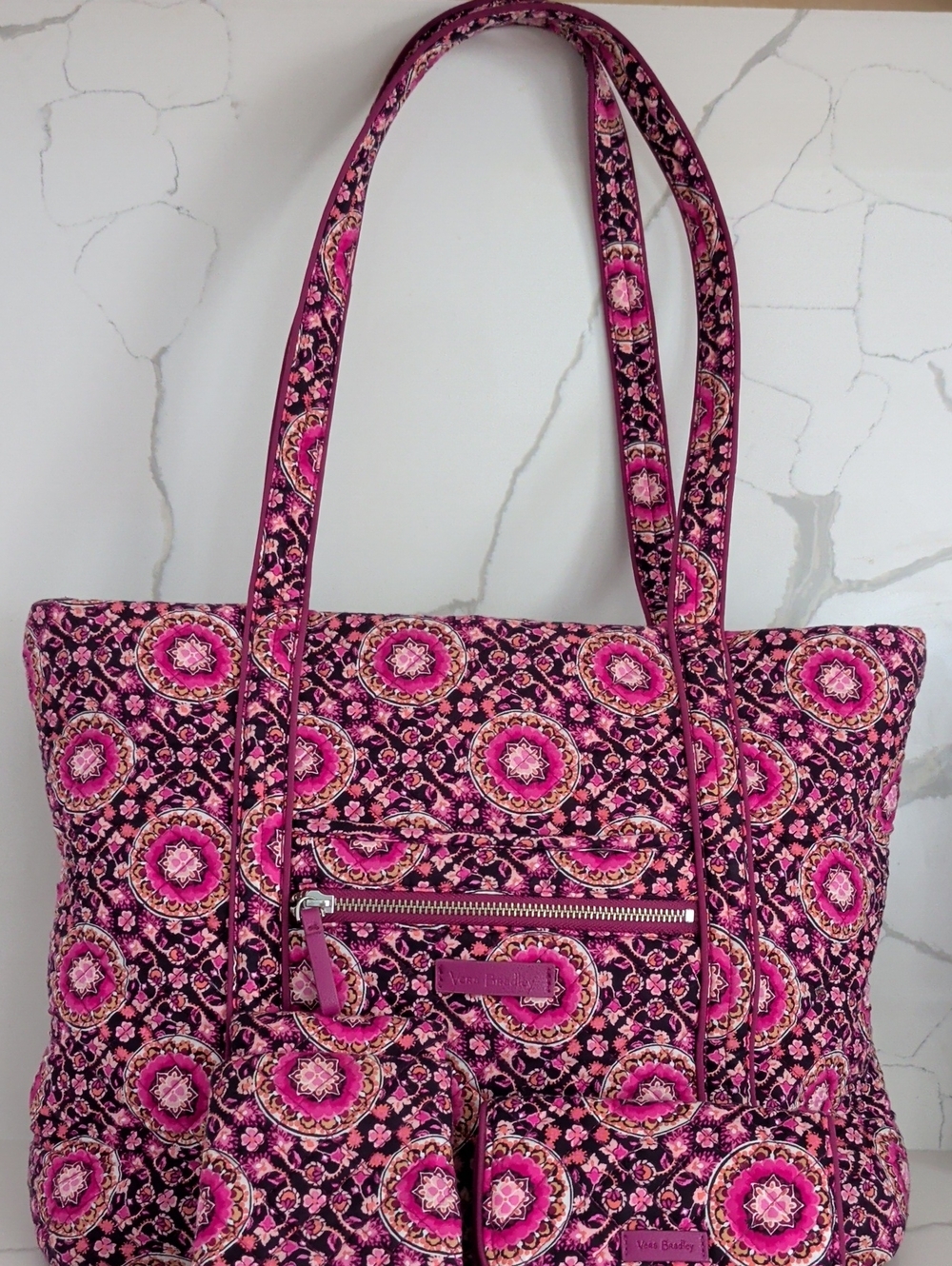 Vera Bradley Raspberry Medallion Large Tote With RFID Wallet And Eyeglasses Case